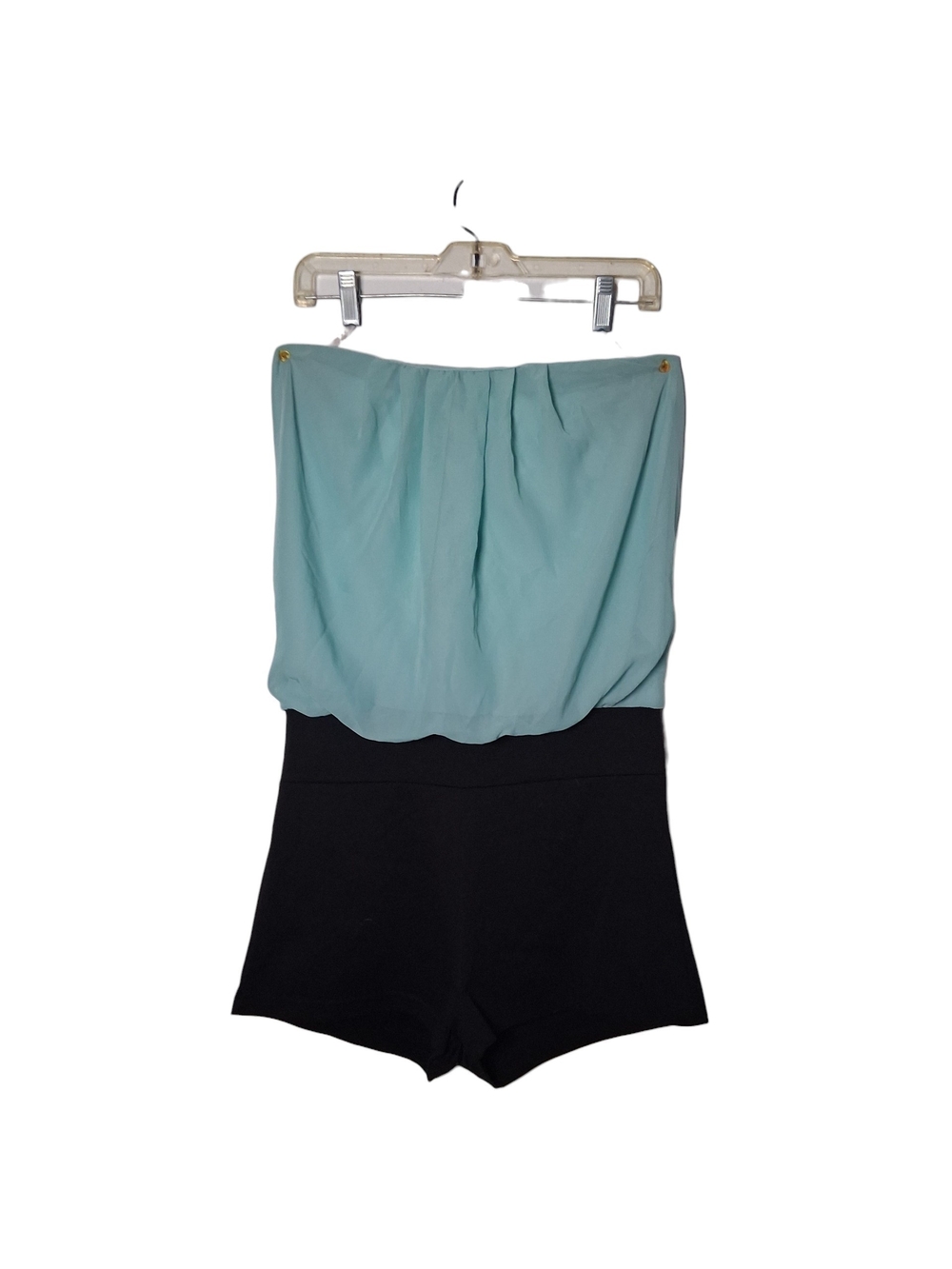 Women's Size S Strapless Romper Teal Chiffon Bodice Black Shorts Colorblock